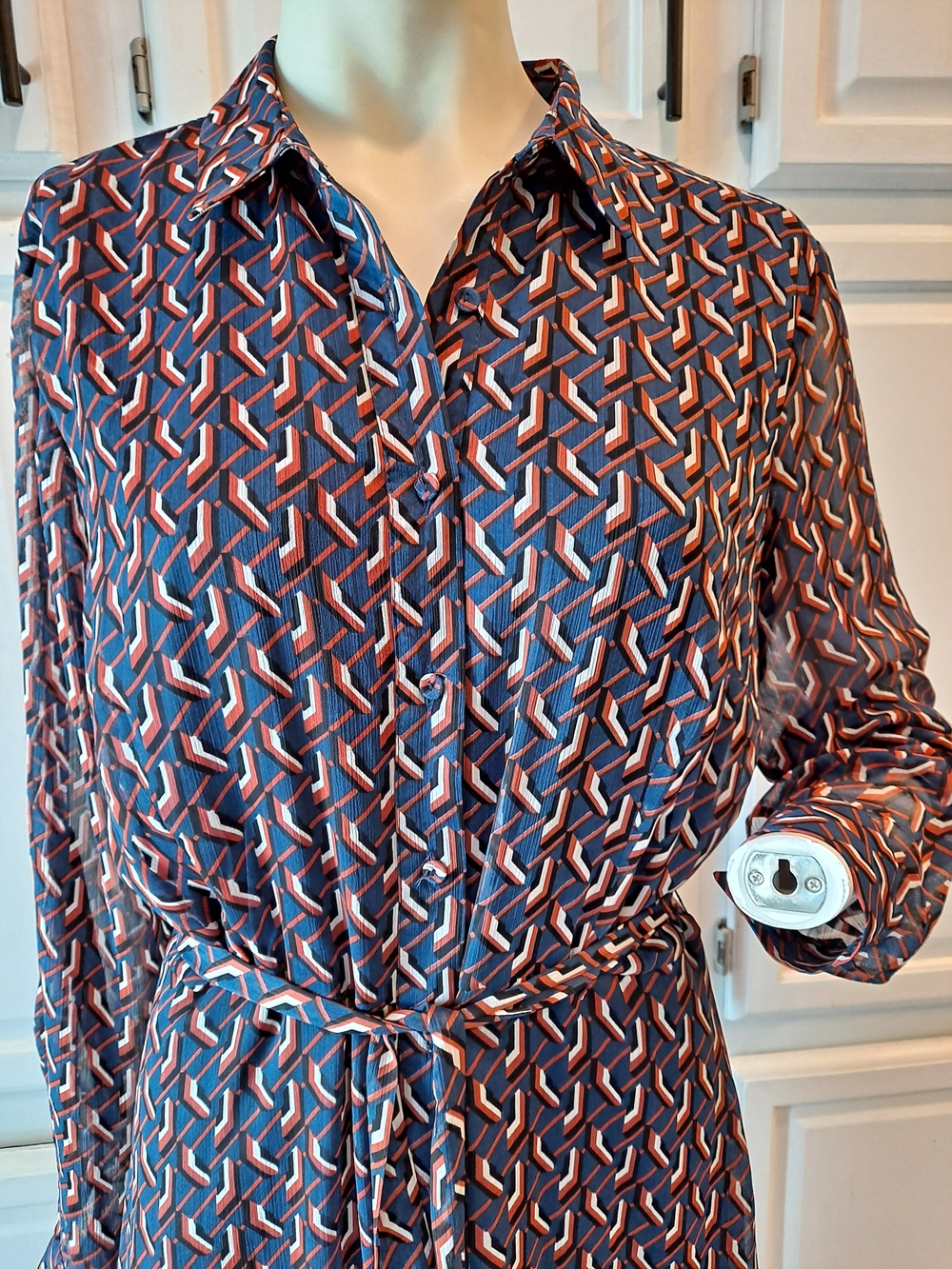 DR2 Navy Black White Orange Geometric Printed Midi Shirt Dress Tie Waist Lined - Picture 3 of 12